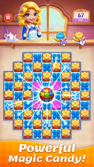 A magic candy ball firing outward across a round board of butterfly and cake tiles