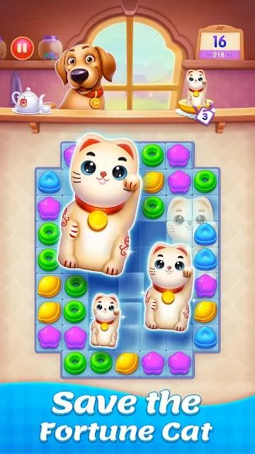 Three fortune-cat pieces waiting to be freed from a board of coloured sweets, sixteen moves left